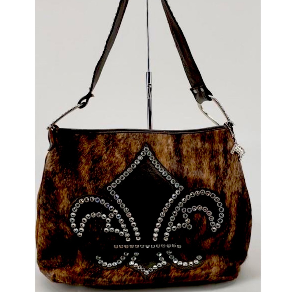 Raviani Cowhide leather Shoulder bag Studded Rhinestone fleur-de-lis RTL $595